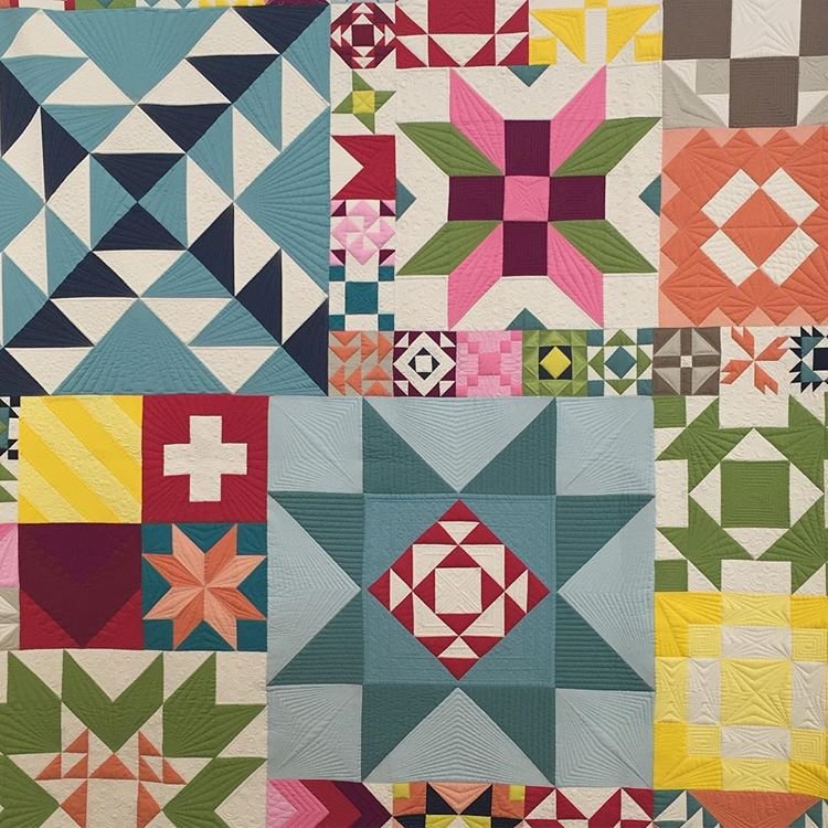 Mulitcoloured patchwork quilt using different size and shape triangular and square pieces