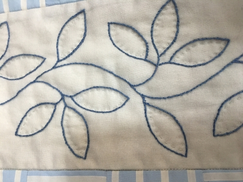 Close up of leaves embroidered on cream fabric