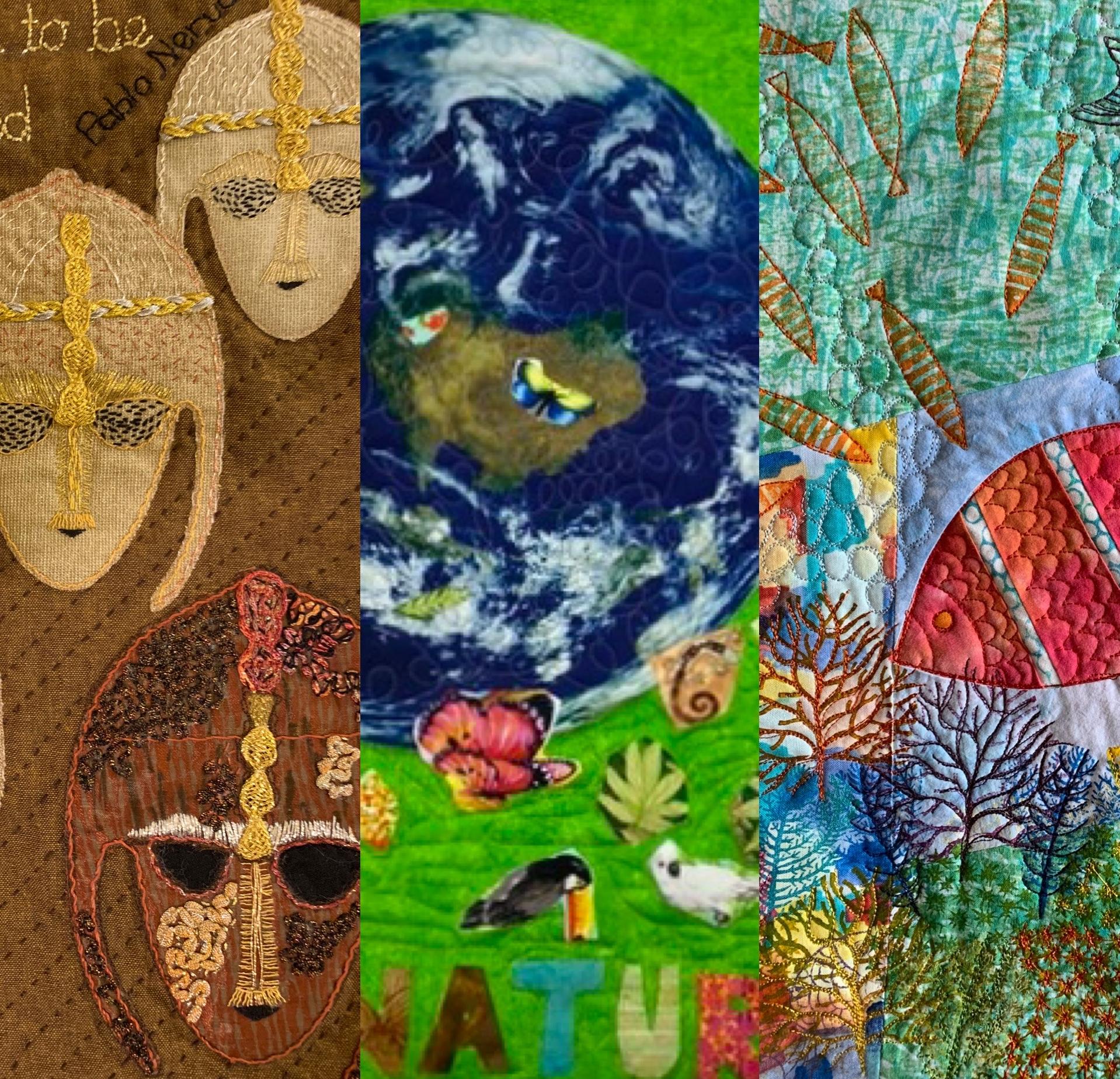 A tryptich-style photograph of three quilts, all Region 8 challenge winners at the Guild Conference 2022.