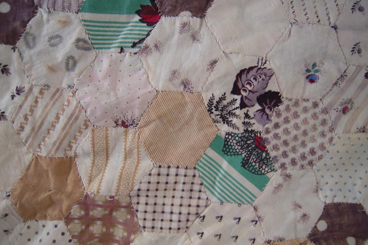 Detail of fabrics used in hexagon coverlet