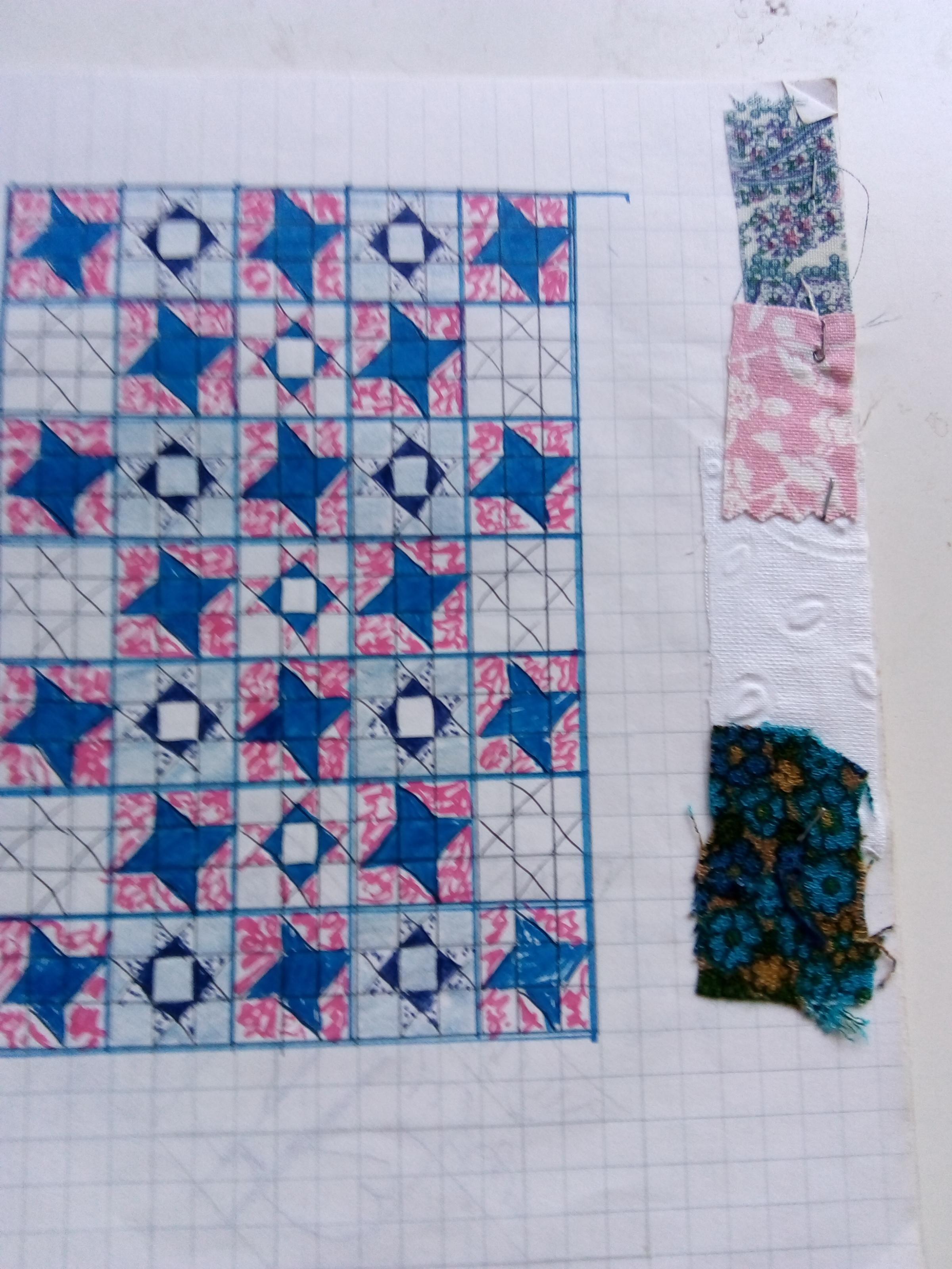 Quilt layout plan and fabrics