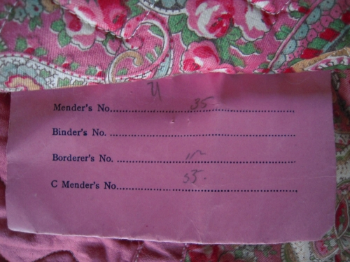 pink quilt reverse of cardboard label
