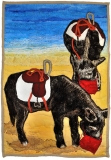 Quilt showing 2 black donkeys eating from red buckets on a beach scene.