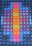 Pattern with dark blue background and light blue, purple, pink, orange and green small squares
