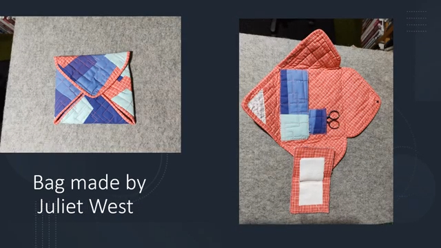 Two images of a quilted bag. The left image shows the bag closed, with a blue and orange patchwork design. The right image shows the bag open, revealing multiple pockets and compartments, including one for scissors.