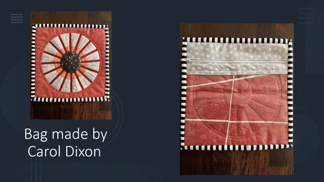 A square quilted bag. The left image shows the bag front, with a red background and a circular, sunburst design. The right image shows the inside of the bag, revealing a zippered pocket and a patterned interior.