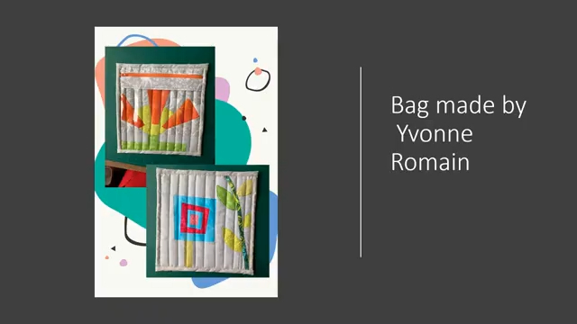 A quilted bag. The inside of the bag has a colourful, abstract design. The front of the bag has a geometric pattern and a small, colourful flower.
