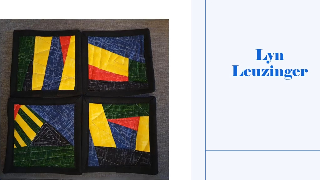Four square coasters with a black background. Each coaster features a colorful, geometric design with squares and triangles in various colours, including yellow, red, blue, and green. The coasters have a black border.