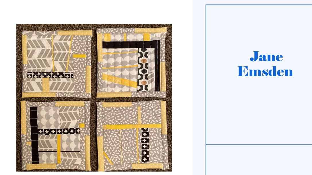 Four square coasters with a gray background. Each coaster features a colorful, geometric design with squares, rectangles, and circles in various colours, including yellow, black, and white. The coasters have a grey and yellow pieced border.