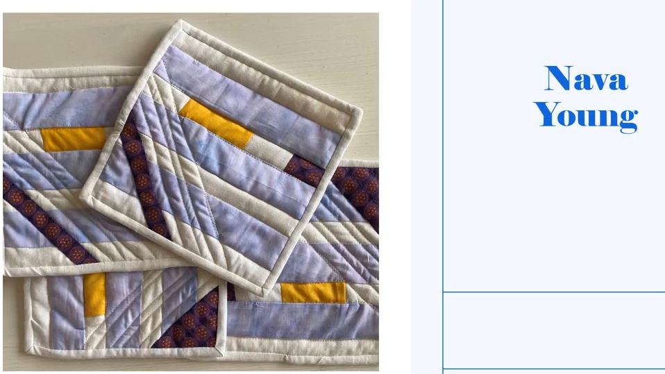 Four square coasters with a white background. Each coaster features a patchwork design with squares and triangles in shades of purple, yellow, and white. The coasters have a white border.