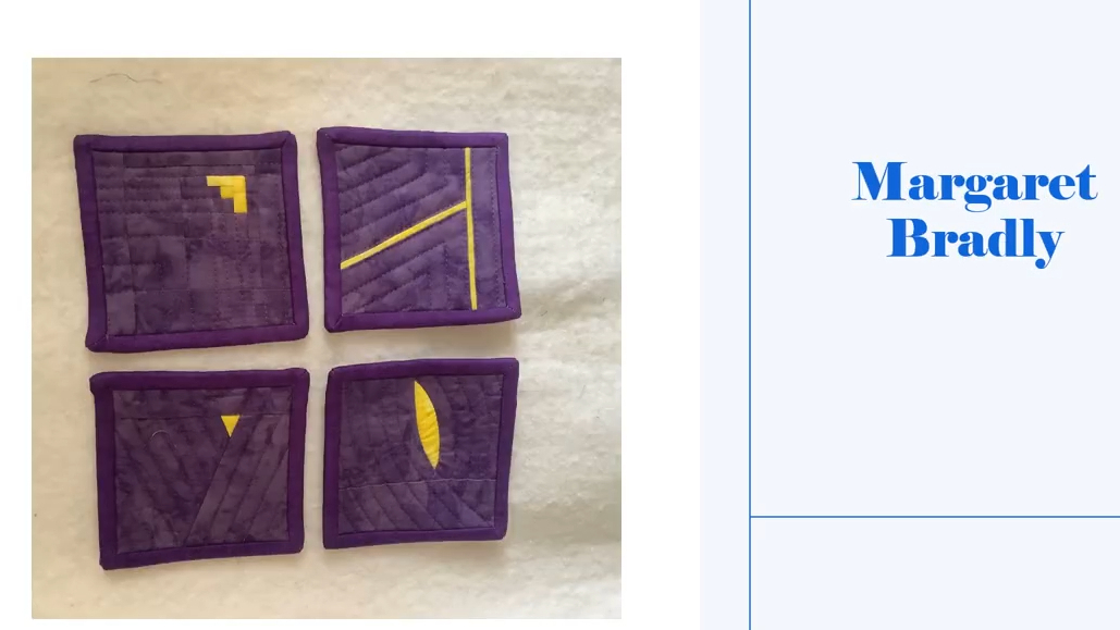 Four square coasters with a purple background. Each coaster features a simple design with a yellow shape, such as a line or triangle, on the purple background. The coasters have a purple border. 