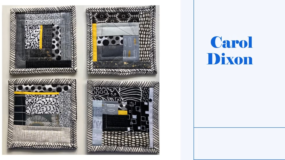 Four coasters with a black and white color scheme. Each coaster features a patchwork design with squares and rectangles in various shades of gray and black. There are also pops of yellow in some of the designs. The coasters have a black border.