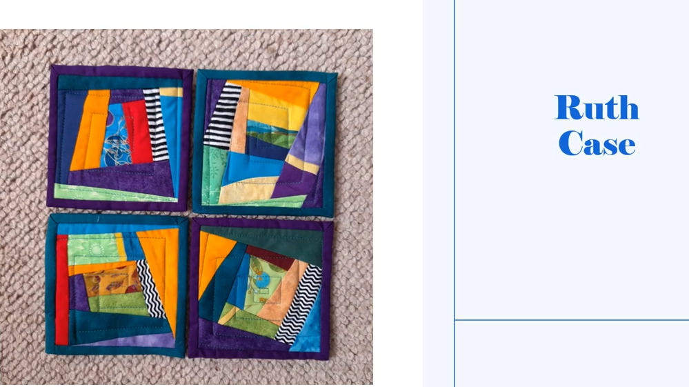 Four square coasters with a purple background. Each coaster features a colorful, geometric design with squares and rectangles in various colors, including yellow, orange, red, and blue. The coasters have a purple border. 