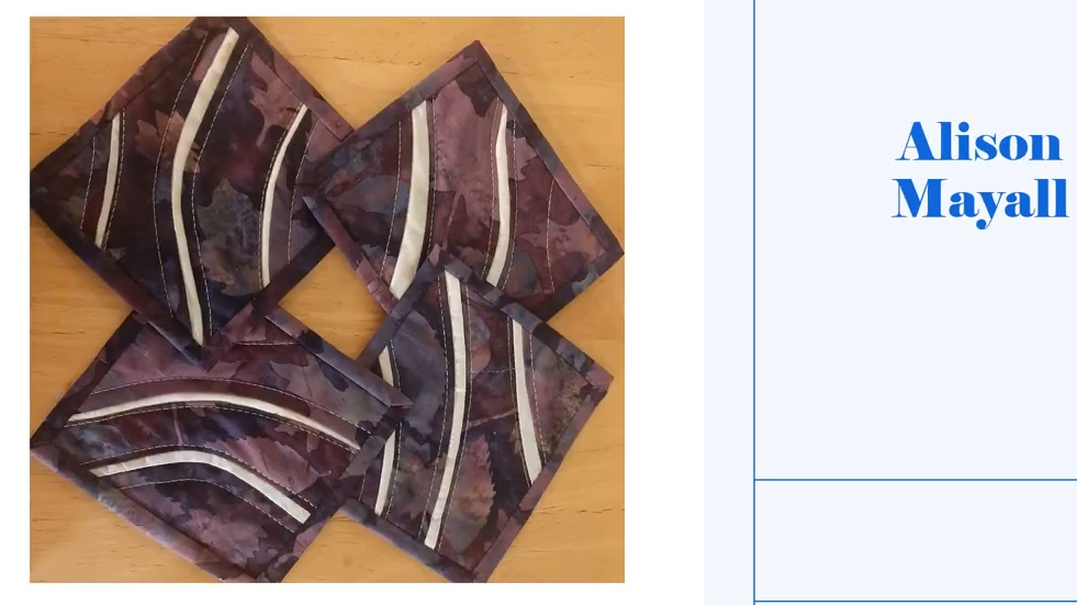 Four square coasters with a purple background. Each coaster features a white, curved line pattern. The coasters have a purple border.