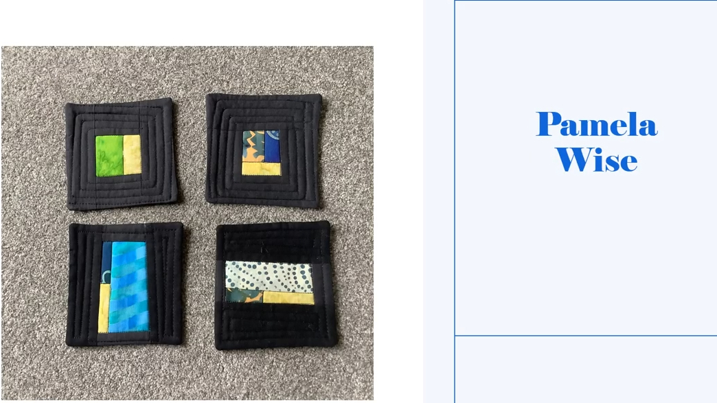Four square coasters with a black background. Each coaster features a colorful, geometric design with squares and rectangles in various colours, including yellow, green, and blue