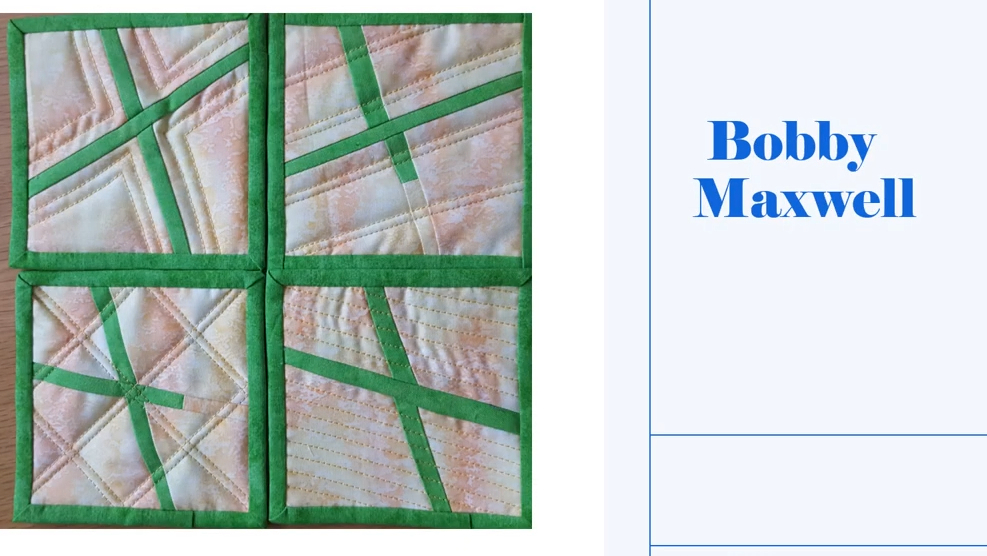 Four square coasters with a pink background. Each coaster features a green border and a design of intersecting green lines on the pink background. The coasters are arranged in a 2x2 grid.