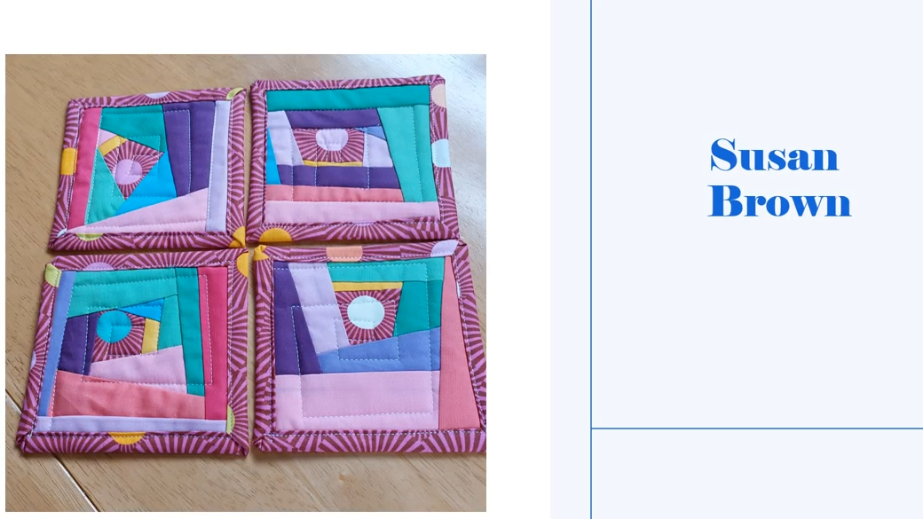 Four square coasters with a pink background. Each coaster features a colorful, geometric design with squares and circles in various colours, including pink, purple, green, and yellow. The coasters have a pink border. 