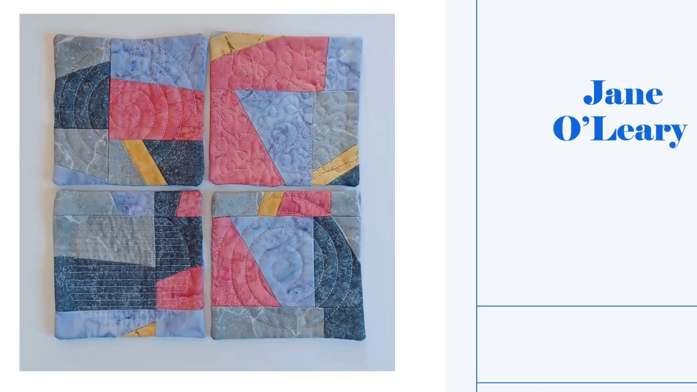 Four square coasters with a blue background. Each coaster features a colorful, geometric design with squares, triangles, and curved shapes in shades of pink, yellow, and blue. 