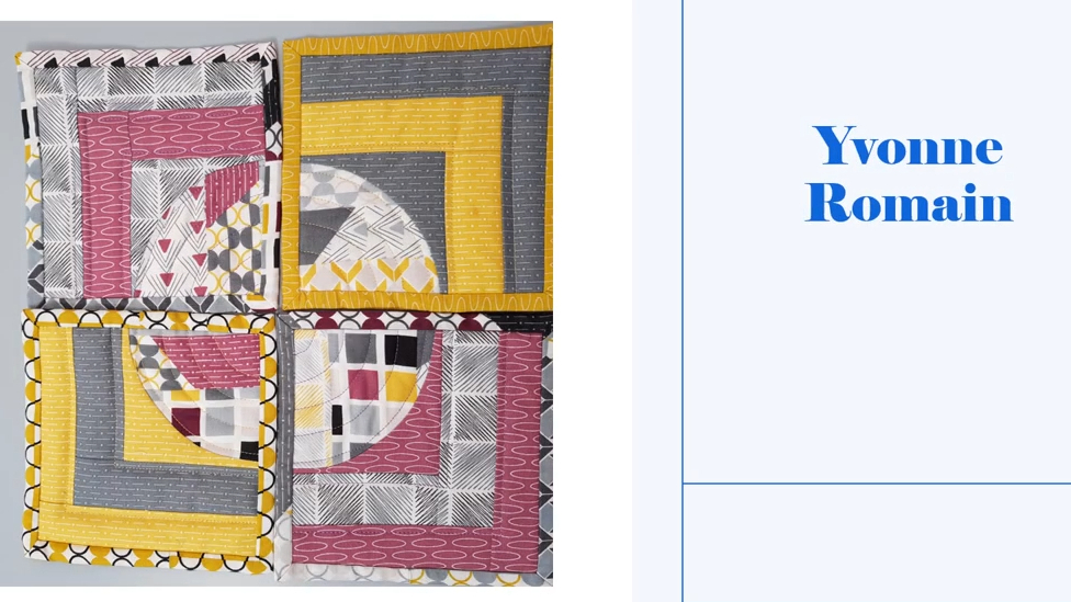 Four square coasters with a gray and yellow color scheme. Each coaster features a patchwork design with squares, triangles, and circles. The coasters have a yellow border.