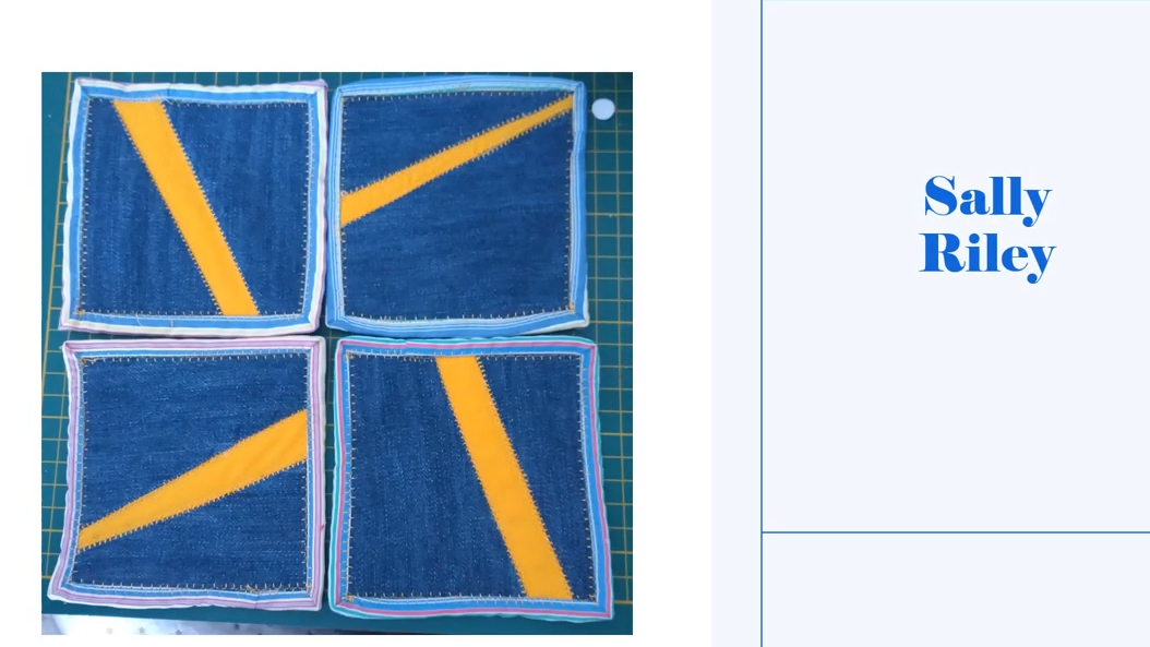 Four square coasters with a blue background. Each coaster features a yellow diagonal line on the blue background. The coasters have a colorful border. 