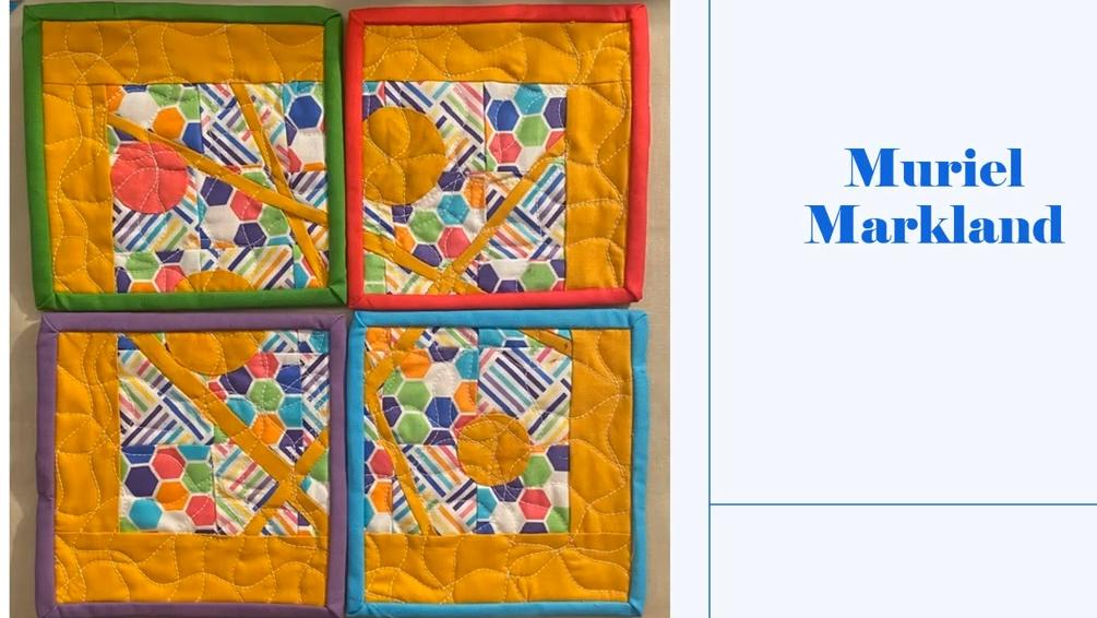 Four square coasters with a yellow border. Each coaster features a different colourful design with geometric shapes and patterns.
