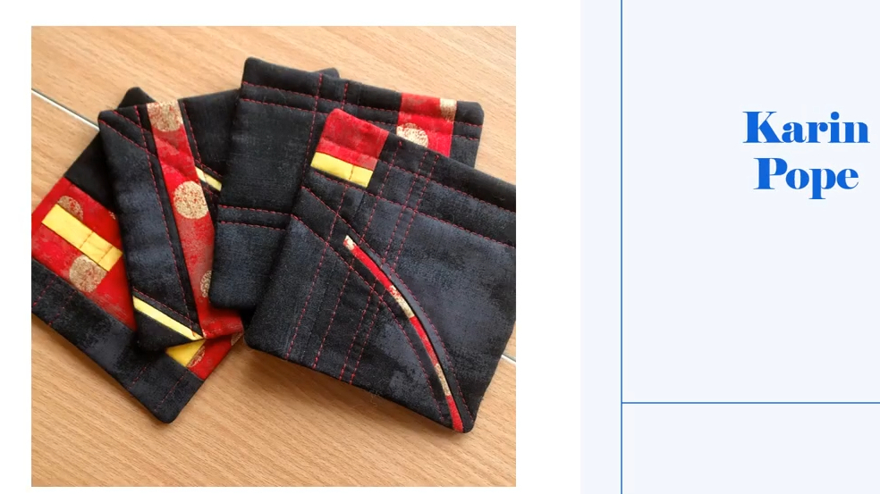 Four square coasters with a black background. Each coaster features a colorful, geometric design with squares, rectangles, and curved lines in shades of red, yellow, and black. The coasters have a black border. 