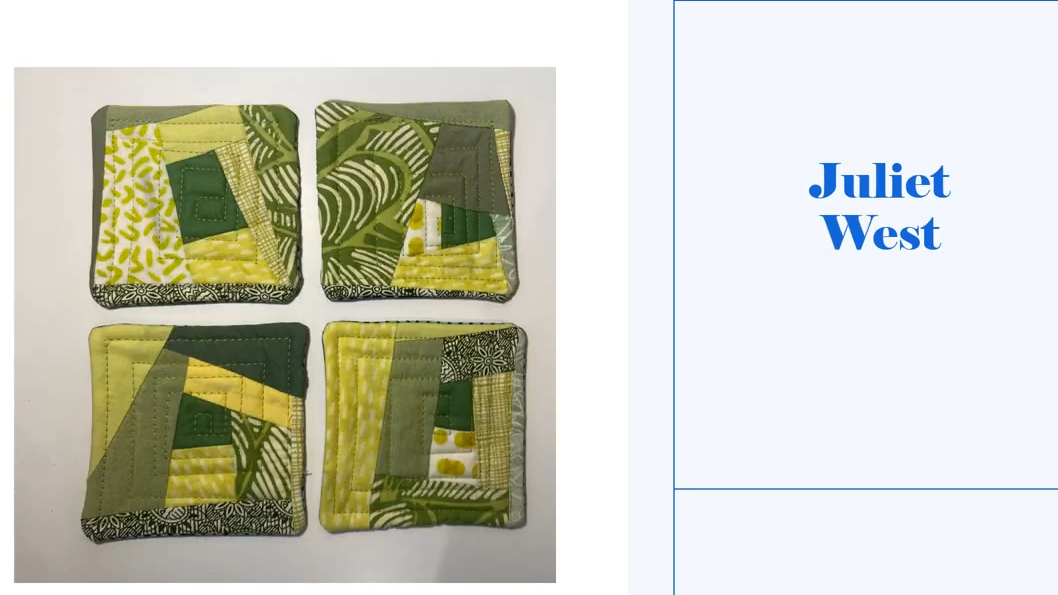 Four square coasters with a green background. Each coaster features a patchwork design with squares and rectangles in shades of green and yellow. The coasters have a green border. 
