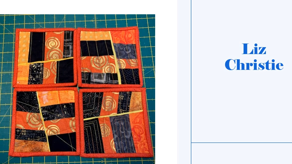 Four square coasters with a black background. Each coaster features a colorful, geometric design with squares and rectangles in shades of orange and yellow. The coasters have a red border. 