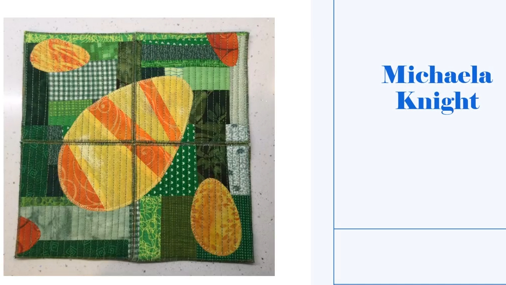 A set of 4 coasters that create a singular image when pieced together. The coasters features three orange and yellow eggs, each with a different pattern and texture. The eggs are surrounded by a patchwork of green fabric in various shades and patterns.