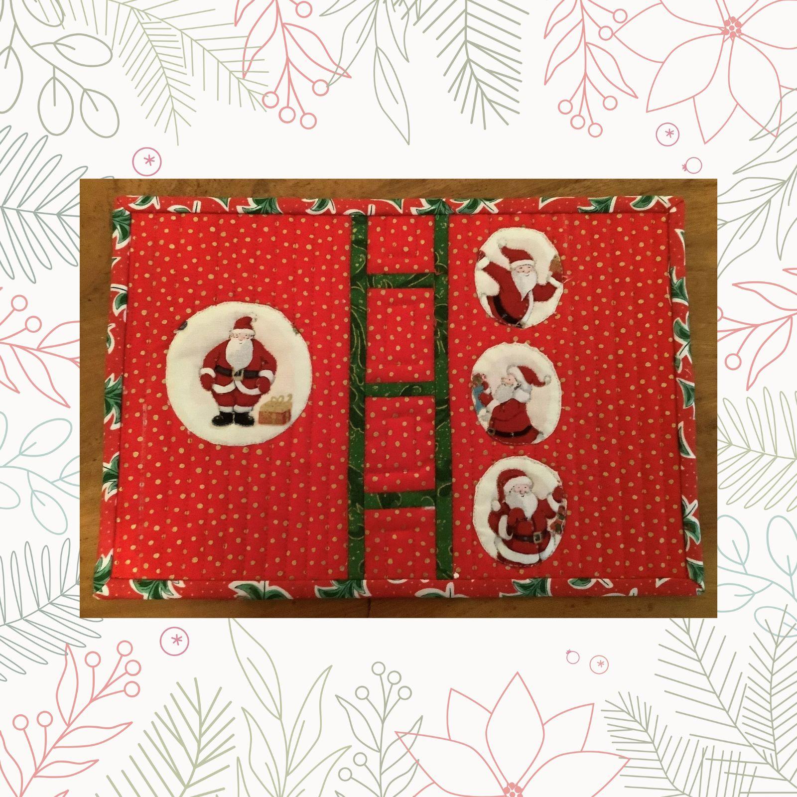 A rectangular quilt with a red background. The quilt features a ladder with three Santa Claus figures climbing down. The background is filled with small white dots.