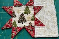 A close-up of a star-shaped quilt block. The block is made up of red and white fabric pieces, with a central section featuring a Christmas tree pattern.