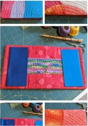A collage of images showing a red quilted needle case. The first image shows the front of the case with a colorful, curved design. The second image shows the back of the case, which is plain red. The third image shows the inside of the case with two blue pockets. The fourth and fifth images show close-ups of the front and back of the case, respectively.
