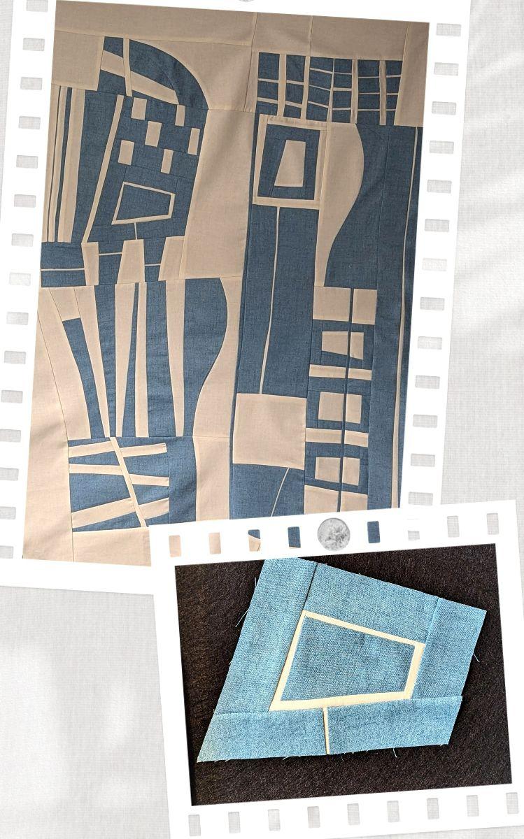 Two photos showing a blue and beige abstract quilt top and a close-up of a pieced block. The design features geometric shapes and improvisational piecing.