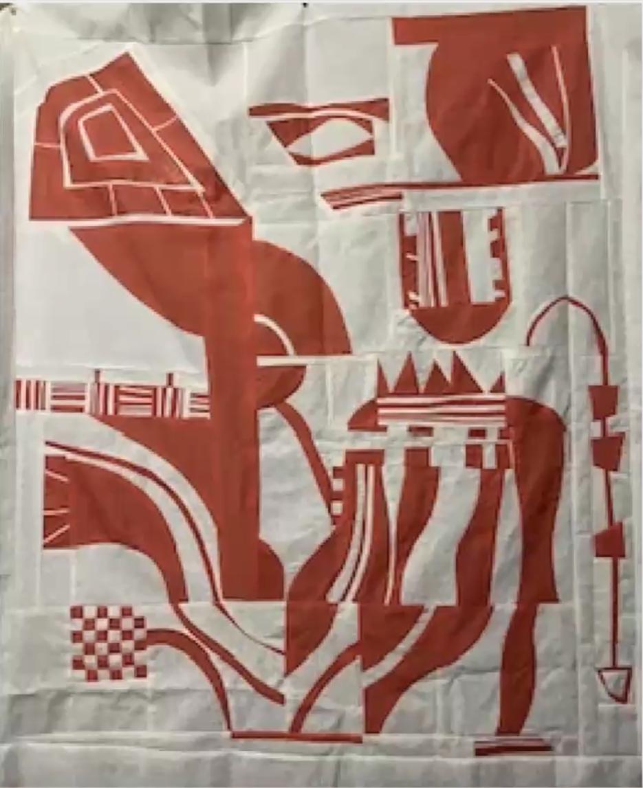 Improv quilt piece in the style of Irene Roderick dancing with the wall in terracotta and white