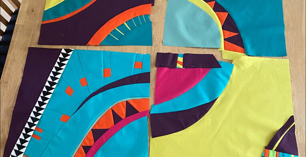 Blocks made by Jayne Emsden during the Fabulous Freehand Curves Cindy Grisdela Workshop held by the Modern Quilt Group in March 2025