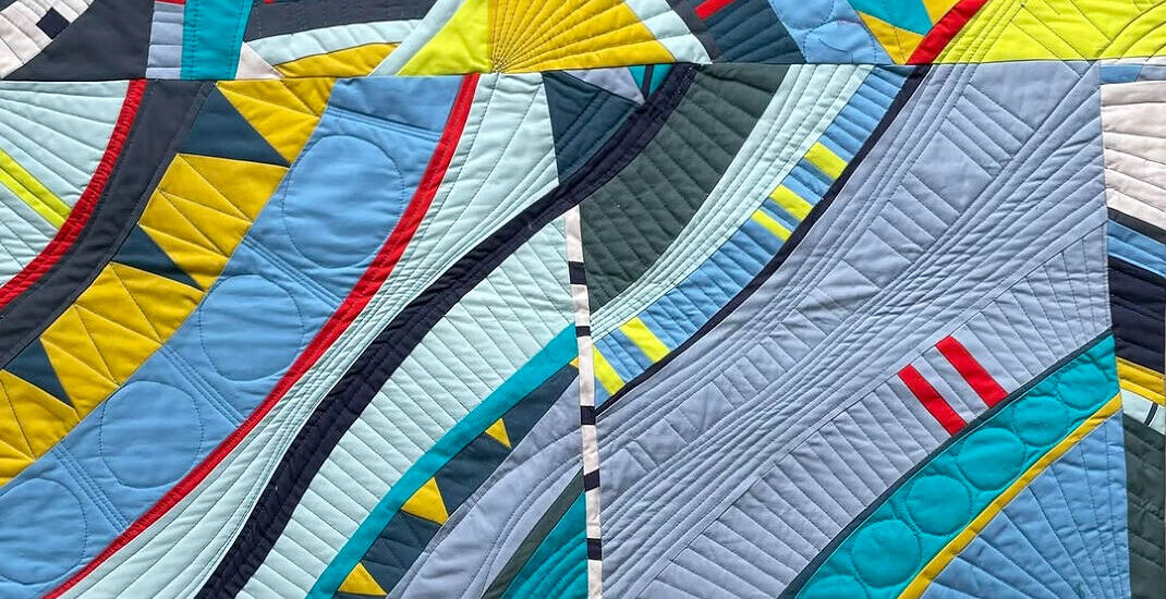 Blocks made by Jo Rycroft during the Fabulous Freehand Curves Cindy Grisdela Workshop held by the Modern Quilt Group in March 2025
