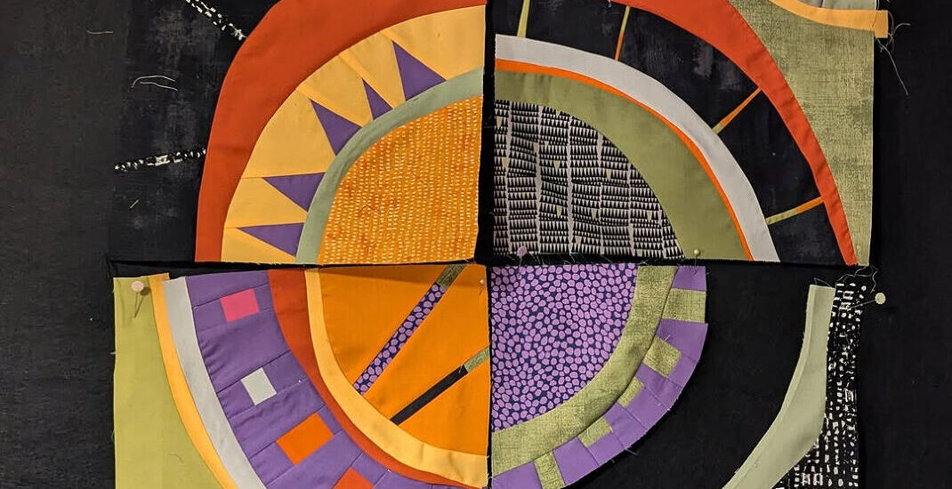 Block made by Catherine Hunter during the Fabulous Freehand Curves Cindy Grisdela Workshop held by the Modern Quilt Group in March 2025