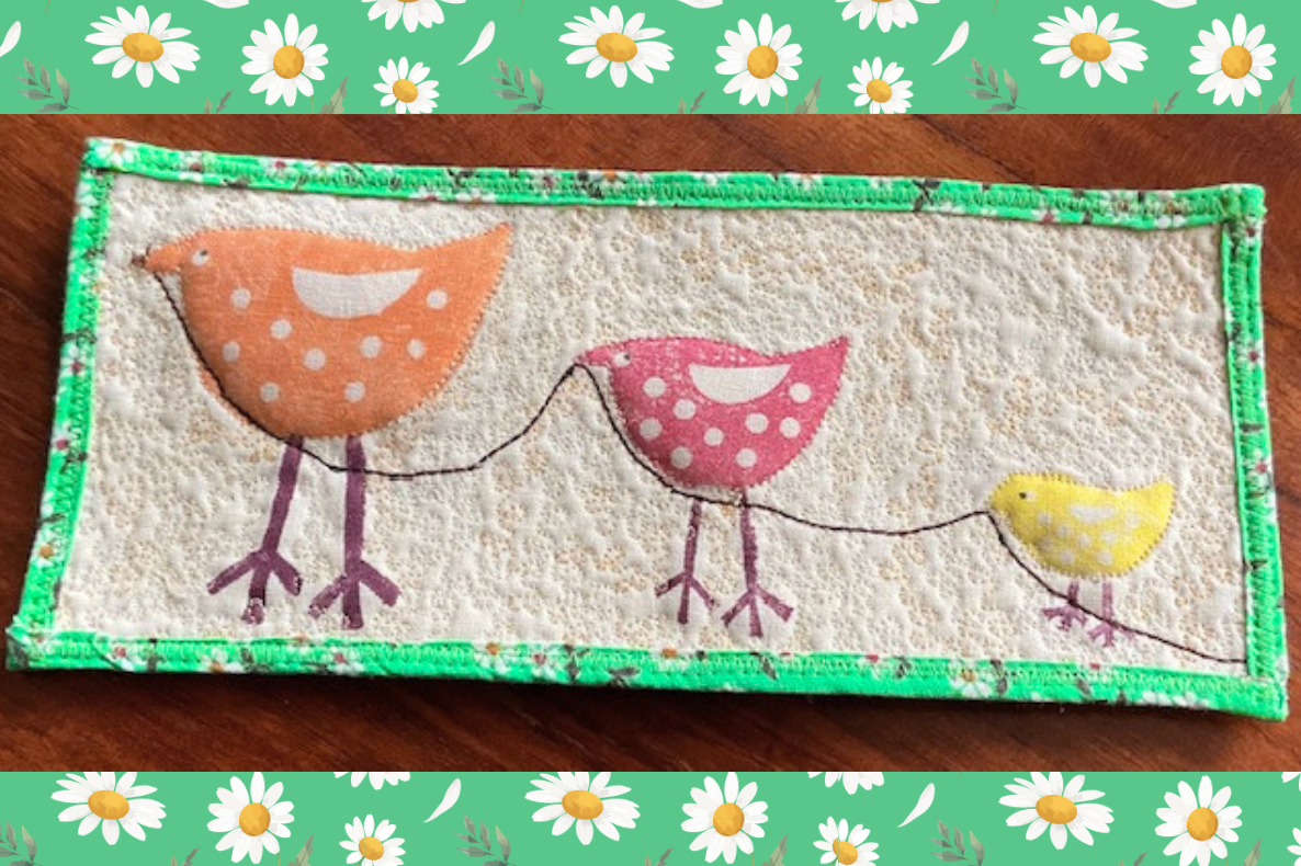Spring Swap 2026 - Take a line for a walk mini quilt by Connie Wheeler. Three birds taking a line for a walk.