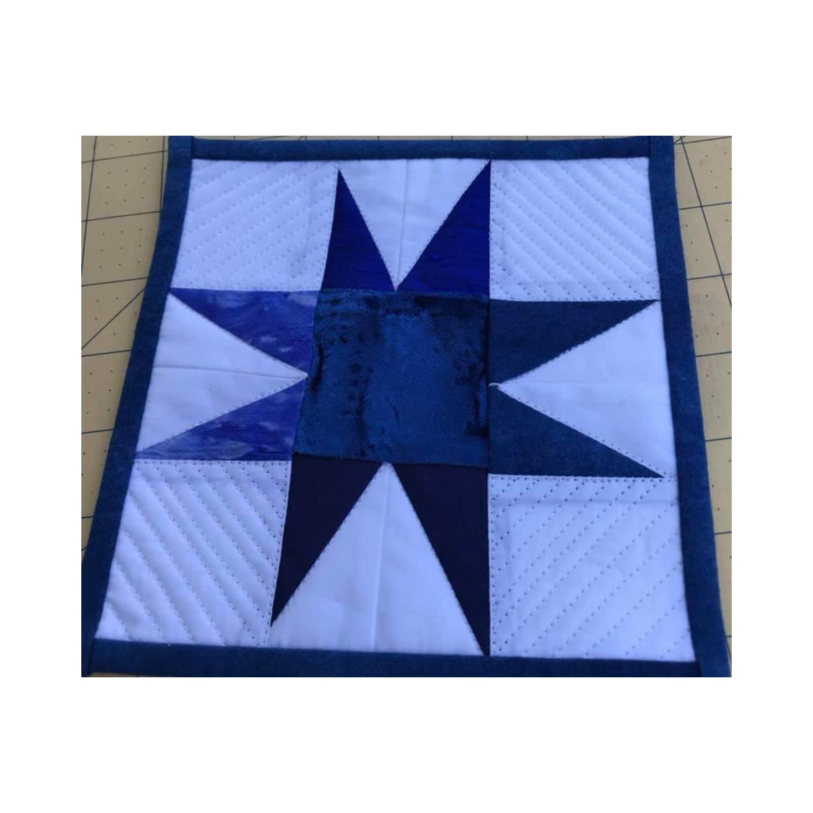 A square quilt with a blue border. The quilt features a large, blue star shape made up of smaller triangles and squares. The background is white and quilted with a diagonal line pattern.