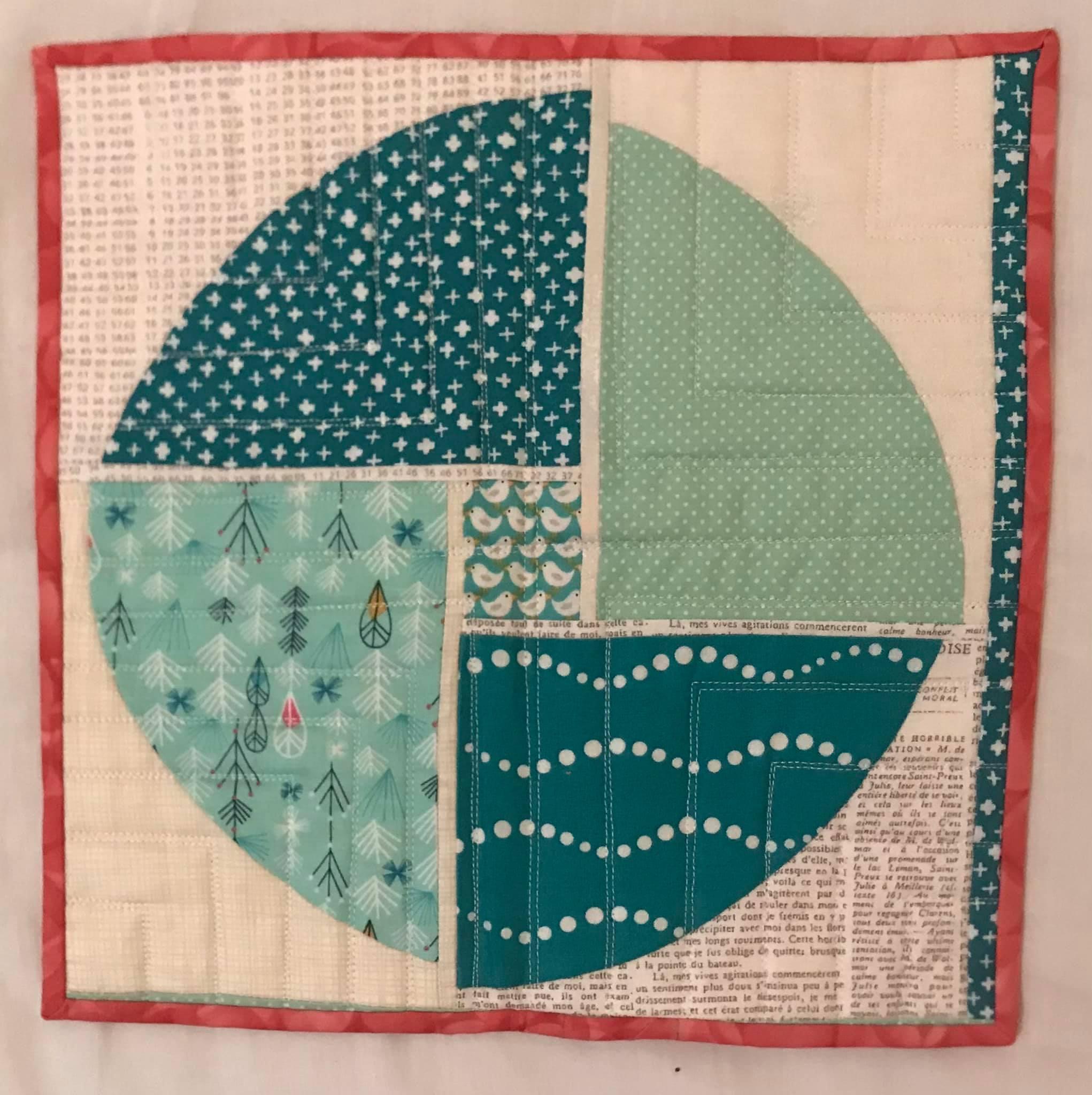 A small, square quilt with a circular design in the centre. The circle is divided into four sections, each with a different pattern: a teal background with white crosses, a teal background with white dots, a white background with green trees and birds, and a white background with text. The quilt has a red border.